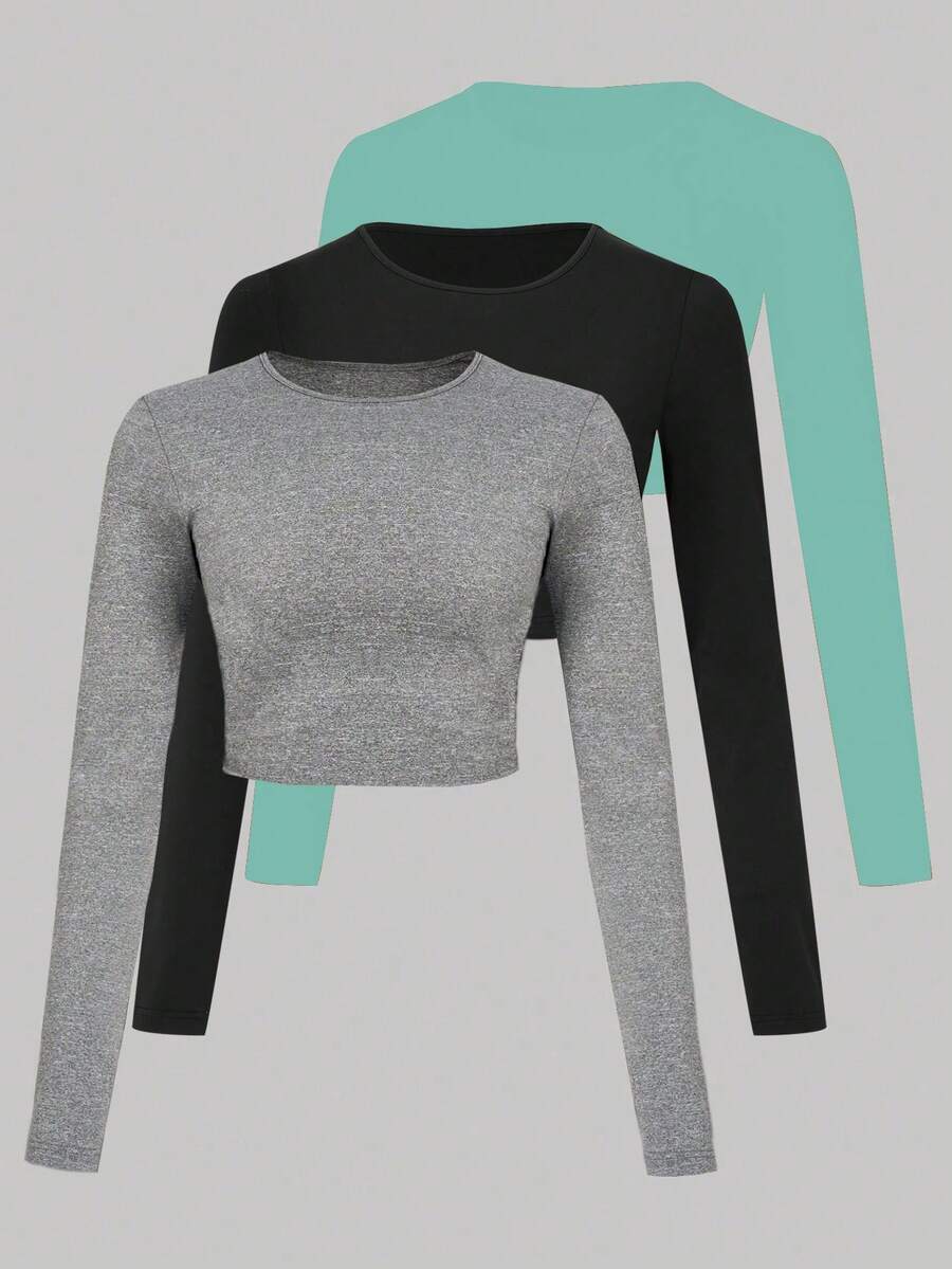 SHEIN Essnce 3 件純色長袖 T 卹 - 薄荷綠 - 查看 1