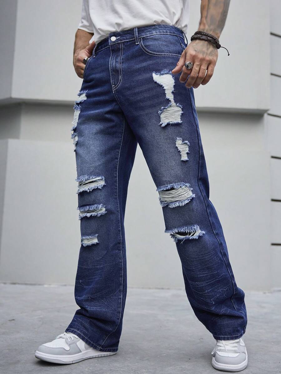 Manfinity LEGND Loose Fit Men's Distressed Denim Jeans - Blue - View 1