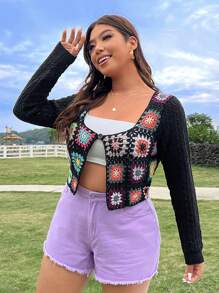 Flirla Plus Size Women's Floral Pattern Long Sleeve Cardigan