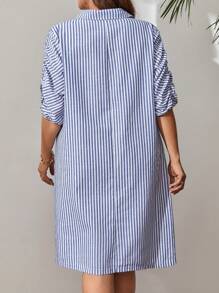 EMERY ROSE Plus Size Women Polo Collar Striped Short Sleeve Elegant Dress With Pleated Hem For Spring, Summer,Vacation - Blue and White - View 2