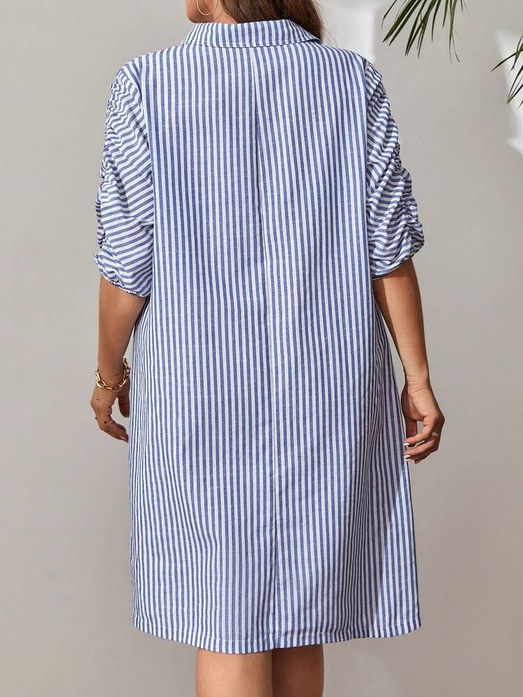 Plus Size Women Polo Collar Striped Short Sleeve Elegant Dress With Pleated Hem For Spring, Summer,Vacation