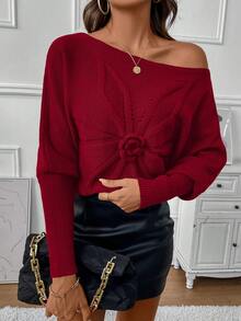 SHEIN Clasi Flower Embellished Stand Collar Long Sleeve Sweater - Burgundy - View 7