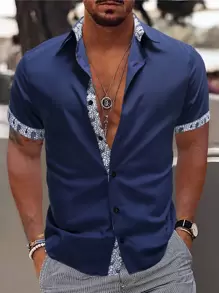 Manfinity Homme Men's Casual Graphic Short Sleeve Collar Shirt, For Going Out - Navy Blue - View 1