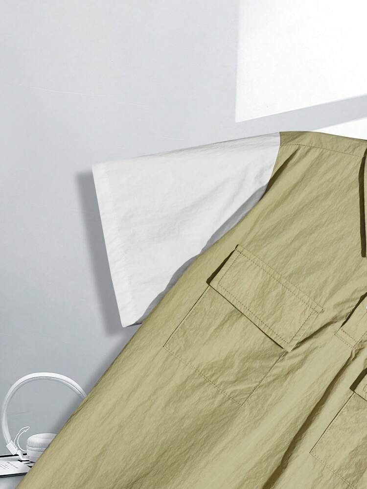 Tween Boy Casual Turn-Down Collar Half Placket Pullover With Spliced Contrast Sleeves 2 In 1 Design Top & Woven Solid Shorts Set