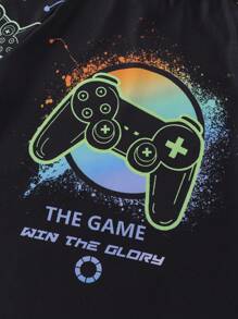 SHEIN Leap Crew 3入組男童休閒純色短袖T恤加印花設計，配有短褲、帽子和游泳裝 - 黑色 - 查看 5