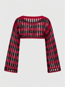 ROMWE Grunge Punk Metallic Punk Black & Red Striped Hollow Out Ultra Short Sexy Bell Sleeve Pullover Sweater - Multicolor - View 2