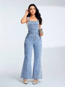 SHEIN Privé Women Light Blue Water Washing Wide Leg Denim Overalls - Medium Wash - View 4