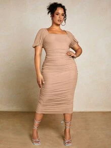 SHEIN BAE Women'S Square Neck Pencil Dress With Ruched Design, Wedding Guest Dress,Birthday Dresses For Women - Khaki - View 3