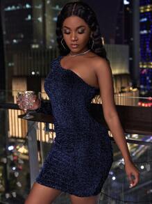 SHEIN VaVaLuxe 女士一字肩長袖修身亮片緊身裙 - 藍色 - 查看 5