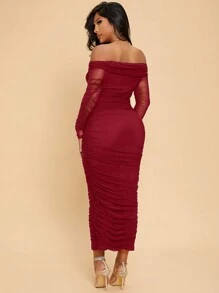 SHEIN SXY 女用褶皺設計露肩長袖修身連身裙 - 酒紅色 - 查看 2
