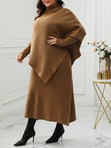 Calvaya Women's Plus Size Solid Color Turtleneck Batwing Sleeve Sweater And Skirt Set