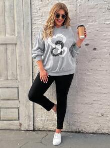 SHEIN LUNE Plus Size Women'S Heart Print Sweatshirt - Light Grey - View 6
