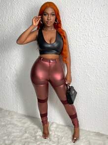 Slaydiva Quần bó lưới cạp cao tương phản cho nữ - Màu Đỏ Sâu - Xem 4