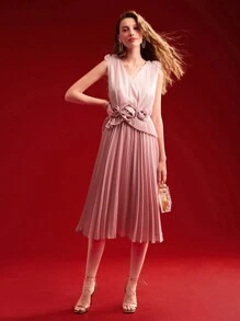 MOTF PREMIUM Vestido plisado sin mangas con decoración de flor 3D, atuendo para el Día de San Valentín