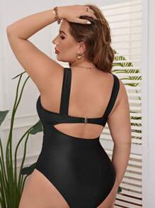 Swim Lushoire Plus Size Stitch Detail One Piece Swimsuit Summer - Black - View 2