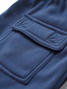 Men Flap Pocket Side Drawstring Waist Cargo Pants - Navy Blue - View 3