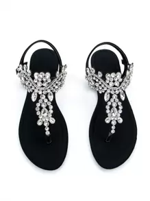 Dép xăng đan đế bằng thoải mái, chất liệu vải lycra đen, đính đá lấp lánh, dành cho nữ, thích hợp cho ngày Valentine, mùa xuân hè. - màu đen - Xem 5