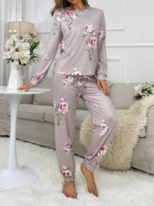 Floral Printed Long Sleeve Top And Pants Pajama Set