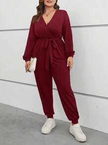 SHEIN Essnce 大尺寸單色束帶連身褲 - 酒紅色 - 查看 3