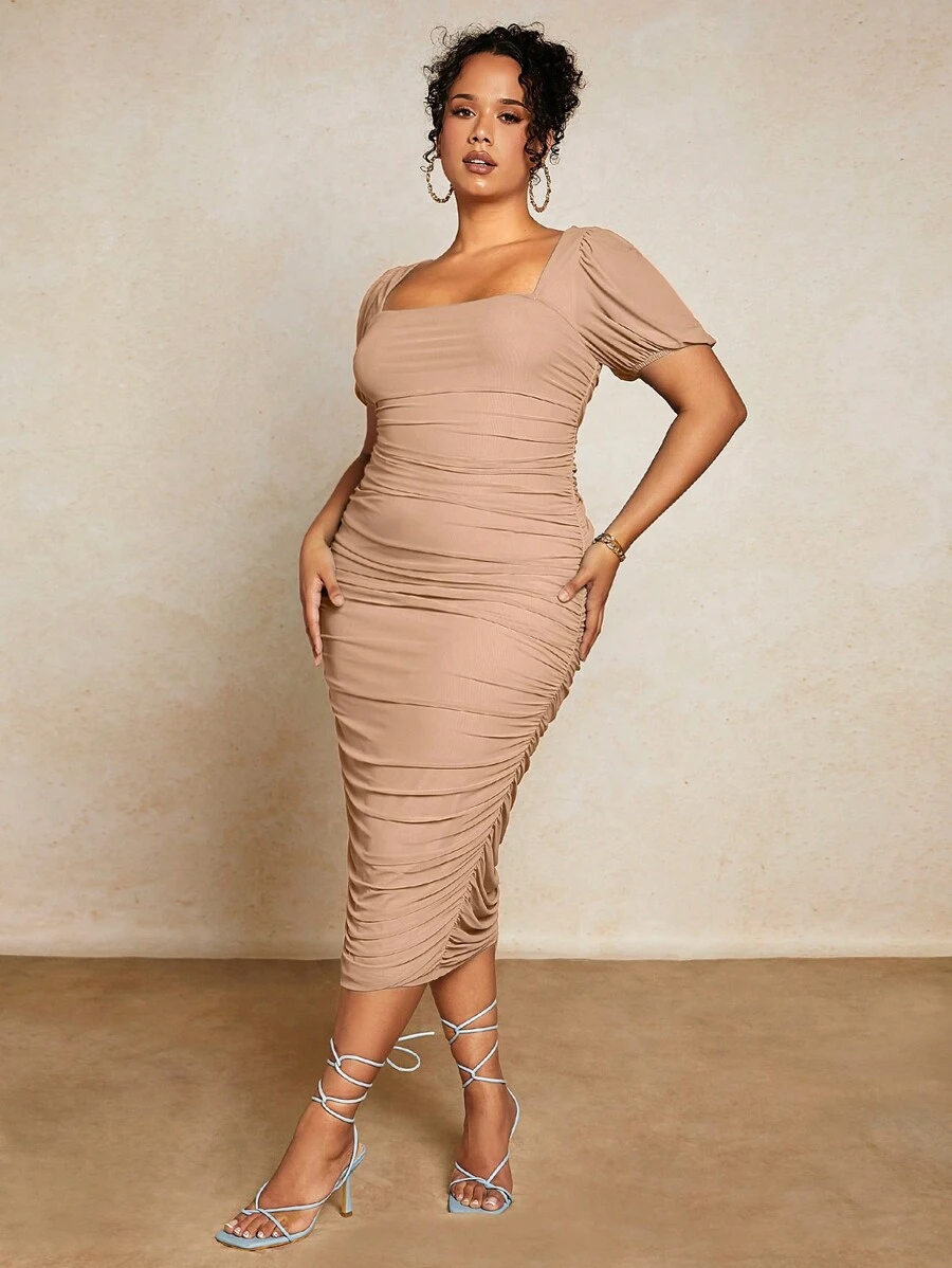 SHEIN BAE Women'S Square Neck Pencil Dress With Ruched Design, Wedding Guest Dress,Birthday Dresses For Women - Khaki - View 1