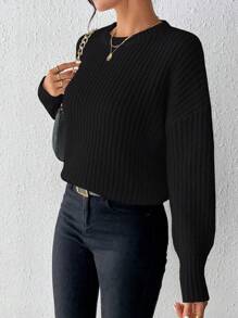 SHEIN Essnce 女款落肩長袖毛衣套頭衫 - 黑色 - 查看 3