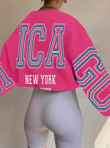 INAWLY Letter Print Drop Shoulder Loose Sweatshirt Pullover Fall Outfit - Hot Pink - View 5