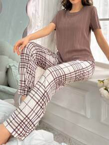 SHEIN 色塊上衣與格紋褲子的睡衣組合套裝 - 卡其色 - 查看 4