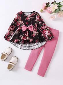 小女孩花卉印花上衣配蝴蝶結裝飾和純色打底褲2件套 - 彩色 - 查看 1