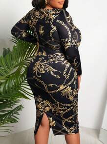 Slaydiva Plus Size Flower Chain Print Bodycon Dress - Black - View 2