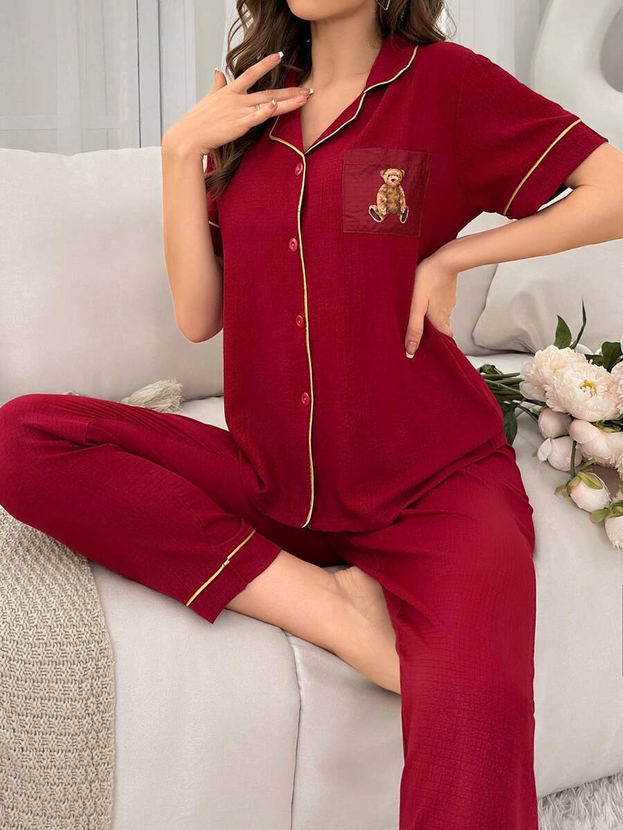 Women's Cartoon Print Contrast Trim Pajama Set - Burgundy - View 1