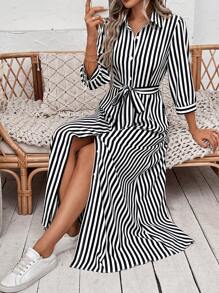 Breezaya Vestido camisero de rayas con cinturón para mujer de largo maxi - Negro - Ver 4