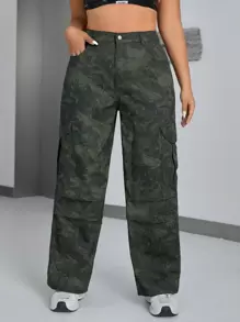 SHEIN ICON 大尺碼女款植物印花實用口袋牛仔褲