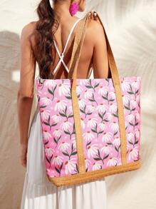 SHEIN VCAY Của phụ nữ Màu hồng In hoa Túi tote , Dung lượng lớn , Hoa văn Daisy , Hoàn hảo Cho mùa hè Du lịch , Kỳ nghỉ , Bữa tiệc  bãi biển Và Liên hoan âm nhạc - Hồng - Xem 3