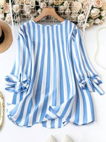 SHEIN Women'S Plus Size Knotted Cuff Striped Shirt Fall - Blue and White - View 2
