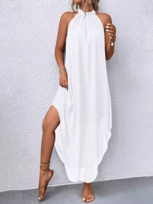 EARO Women's Summer Solid Color Pleated Casual Maxi Halter Dress