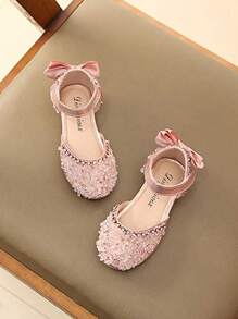 1 Pair Girls' Pearl Pink Rhinestone Princess Sandals, Non-Slip Soft Bottom Children Flat Shoes, Suitable For Spring & Summer - Pink - View 3