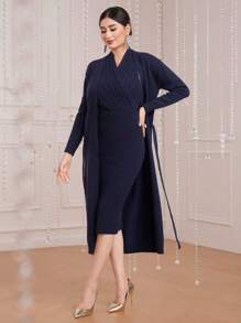 Modelyn Conjunto De Dos Piezas De Vestido Tipo Suéter Con Cuello Halter Cruzado Y Suéter Tipo Cárdigan - azul real - Ver 4