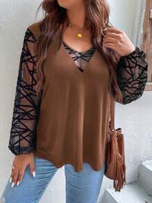 Calvaya 大码女式网眼撞色上衣 - 棕色 - 查看 4