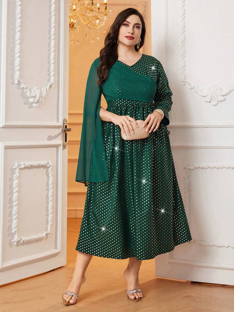 Plus Size Cape Sleeve Sequin Dress Long Evening Dresses