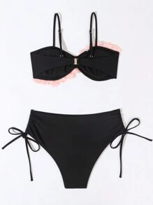 SHEIN Swim Ladies' Contrast Color & Frill Trim Bikini Set Summer Beach
