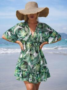 Swim Vcay Summer Beach Women's Tropical Print Tie Waist Cover Up Shirt Carnival Tropical Dress - Green - View 3