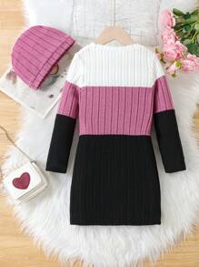 SHEIN Young Girl Autumn Knitted Dress With Color Block Design, Long Sleeve And Soft Plush Fabric, With Hat