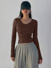 Dazy Star Women's V-Neck Long Sleeve T-Shirt,Fall Clothes,Back To School Clothes Preppy Tops - Coffee Brown - View 5