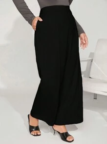 SHEIN BASICS Plus Size Solid Color Straight Pants - Black - View 5