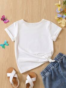 SHEIN Young Girl Rose & Heart Valentine's Day Slogan Print T-Shirt - White - View 2