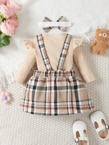SHEIN Vintaside Kids 女婴圆领长袖连体衣，饰有荷叶边，搭配格子吊带裙和可爱小熊贴花，附赠发带，圣诞节礼物 - 杏色 - 查看 2