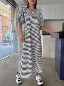 DAZY 女士條紋圓領連衣裙 - 黑與白 - 查看 5