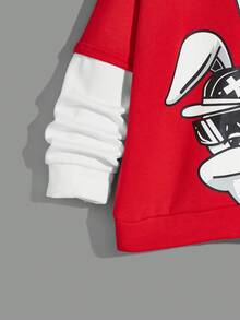 SHEIN 青少年男孩撞色卡通印花卫衣 - 紅色 - 查看 5