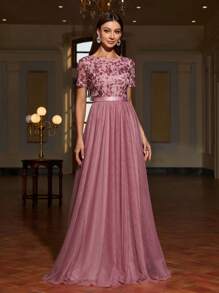Faeriesty Sequin Contrast Mesh Floor-Length Formal Gown - Dusty Pink - View 7