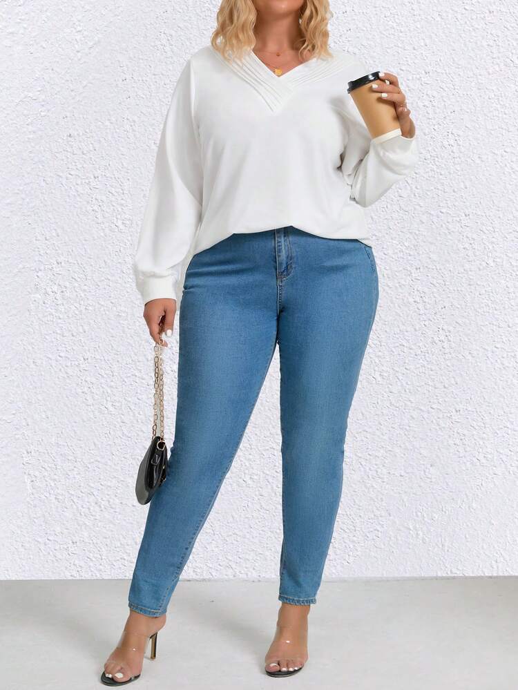 Plus Size V-Neck Long Sleeve Sweatshirt Pullover Fall Sweatshirt